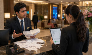 Lady executive explaining to the hotel staff how Hotel Billing Software Module Reduces Human Errors